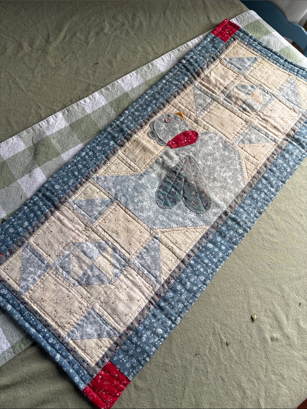 Handmade Blue & Cream Chicken Patchwork Table Runner